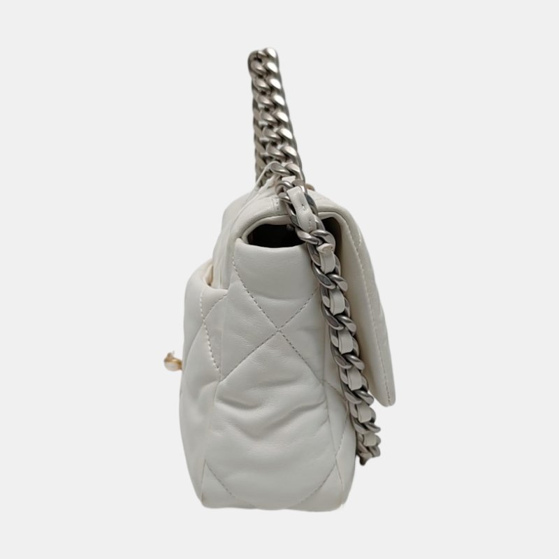 CHANEL CHANEL19小號白色羊皮菱格紋絎縫單肩包手提包斜挎包 金色銀色釕色五金-3