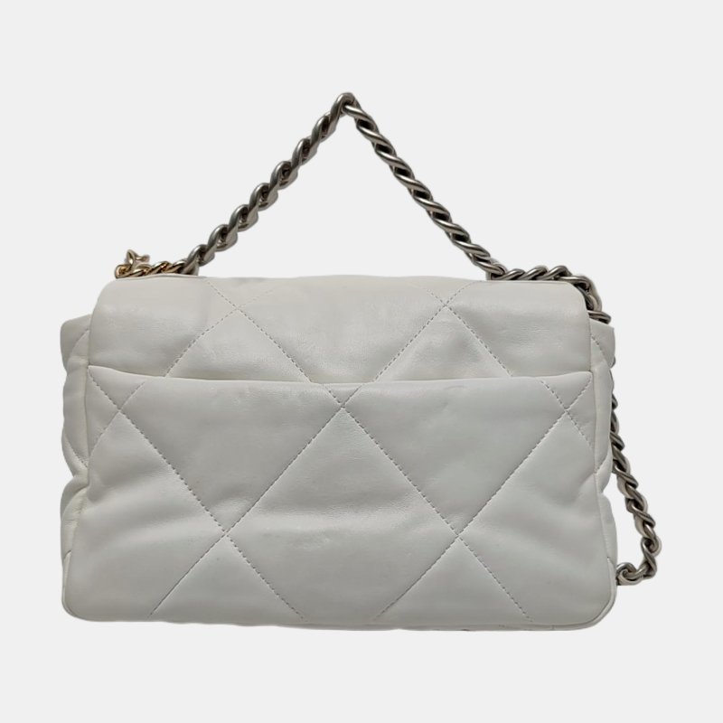 CHANEL CHANEL19小號白色羊皮菱格紋絎縫單肩包手提包斜挎包 金色銀色釕色五金-4