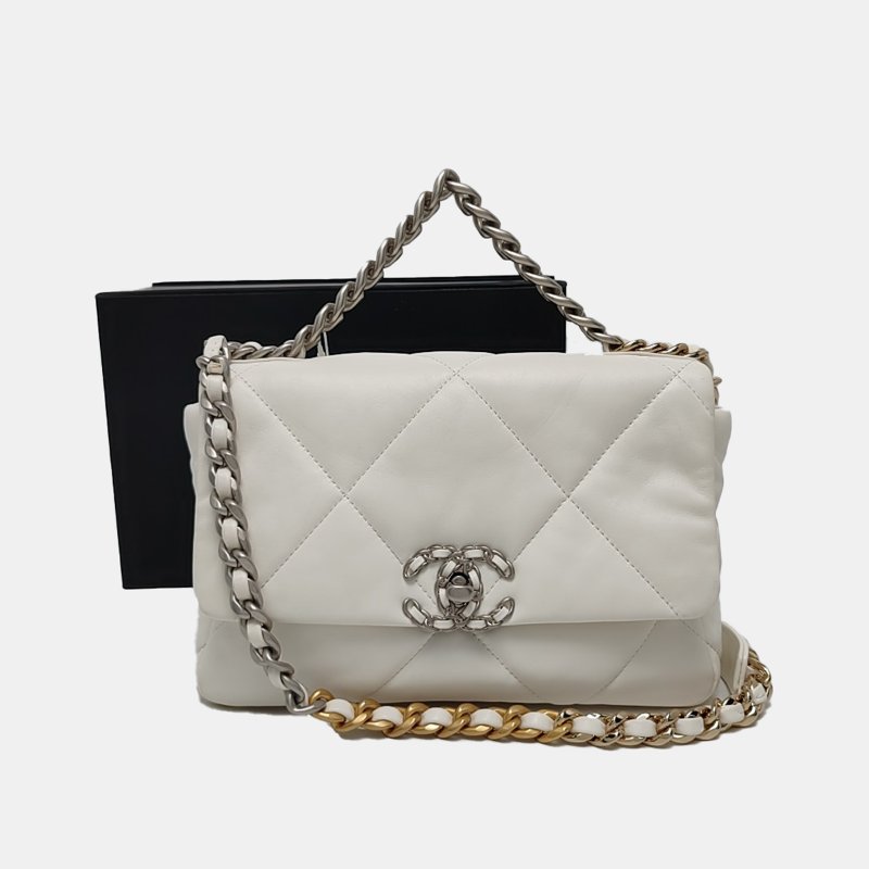 CHANEL CHANEL19小號白色羊皮菱格紋絎縫單肩包手提包斜挎包 金色銀色釕色五金-7