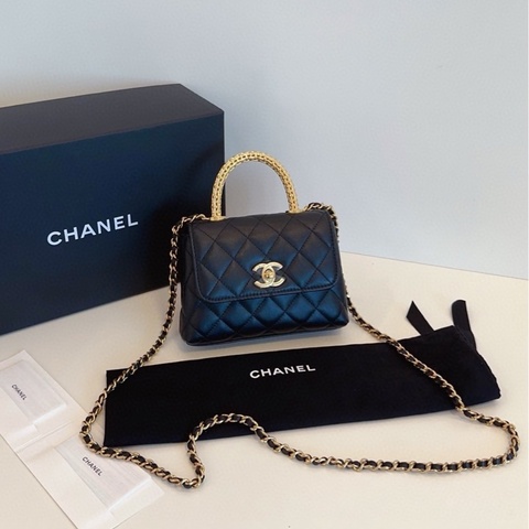 【全新全套帶膜🆕🎁】Chanel 最新款25A芯片 cocohandle mini 迷你黑金牛皮 編織金扣鏤空水鑽手柄 手提斜挎包