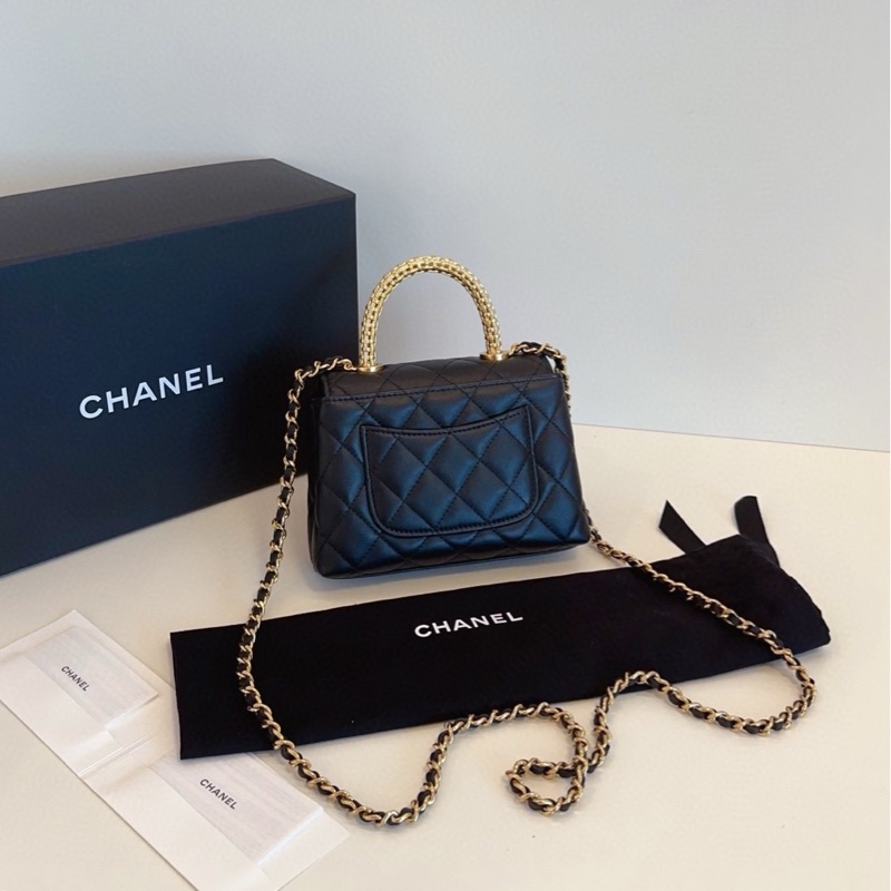 【全新全套帶膜🆕🎁】Chanel 最新款25A芯片 cocohandle mini 迷你黑金牛皮 編織金扣鏤空水鑽手柄 手提斜挎包-2