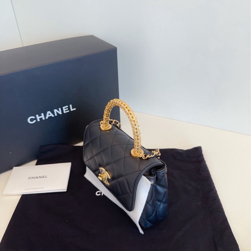 【全新全套帶膜🆕🎁】Chanel 最新款25A芯片 cocohandle mini 迷你黑金牛皮 編織金扣鏤空水鑽手柄 手提斜挎包-4