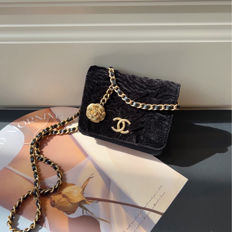 【99新🆕】Chanel 高級手工坊系列💍黑金絲絨山茶花mini Woc 立體浮雕山茶花+吊墜 絕妙搭配 斜挎包-0