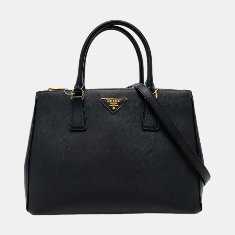 PRADA Galleria 大號 黑色牛皮徽標殺手包單肩包手提包 金色五金 可拆卸肩帶-0