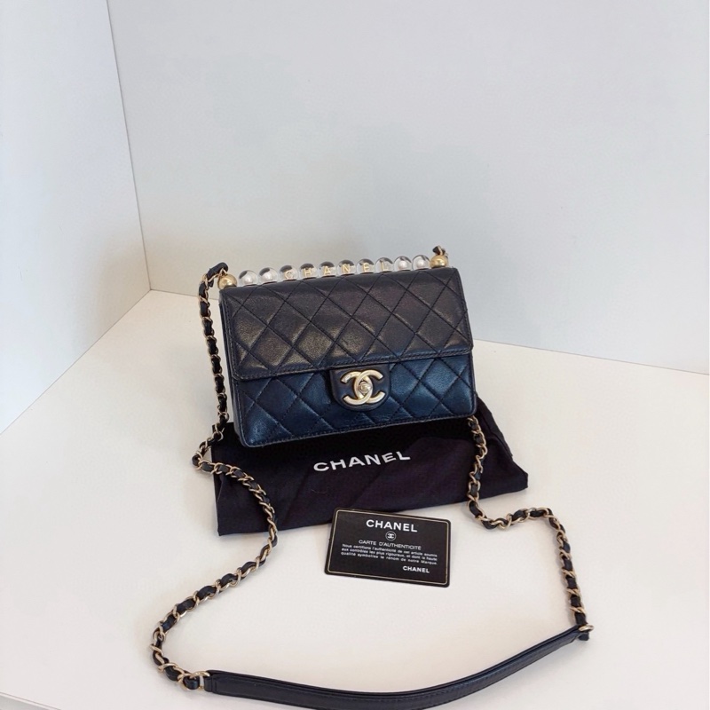【98新🆕】Chanel  黑金橫版 透明珍珠 CF鏈條包 斜挎包-0