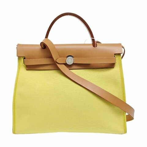 HERMES Herbag 31檸檬黃帆布單肩包手提包斜挎包銀色五金回刻子袋可拆卸肩帶