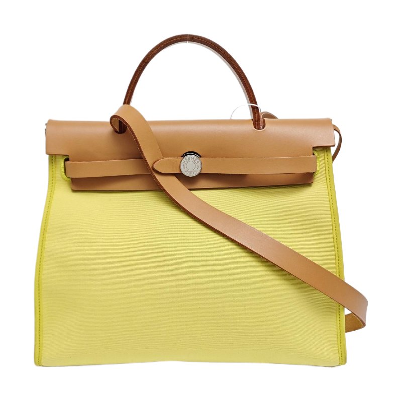 HERMES Herbag 31檸檬黃帆布單肩包手提包斜挎包銀色五金回刻子袋可拆卸肩帶-0