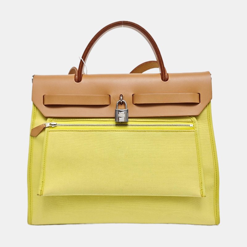 HERMES Herbag 31檸檬黃帆布單肩包手提包斜挎包銀色五金回刻子袋可拆卸肩帶-4