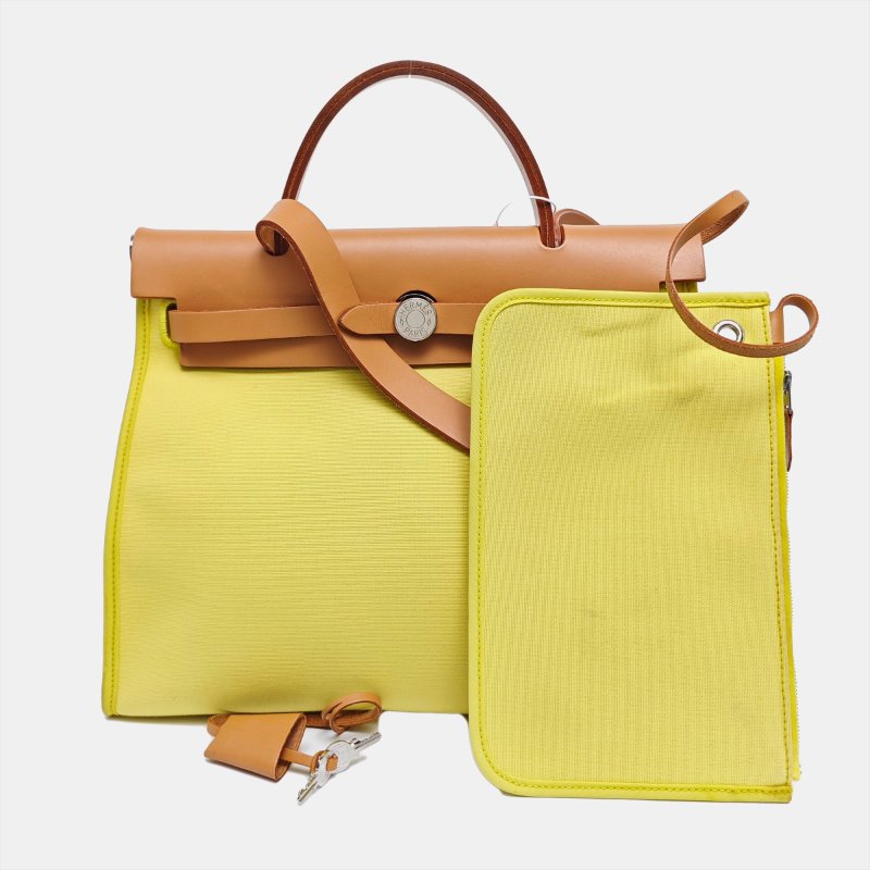 HERMES Herbag 31檸檬黃帆布單肩包手提包斜挎包銀色五金回刻子袋可拆卸肩帶-7