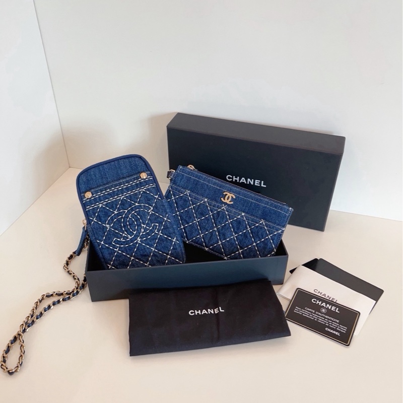 【閒置🆕】Chanel 牛仔丹寧外縫線雙子星 竪版手機鏈條包-0