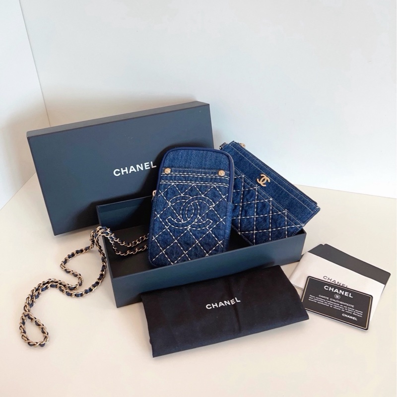【閒置🆕】Chanel 牛仔丹寧外縫線雙子星 竪版手機鏈條包-1