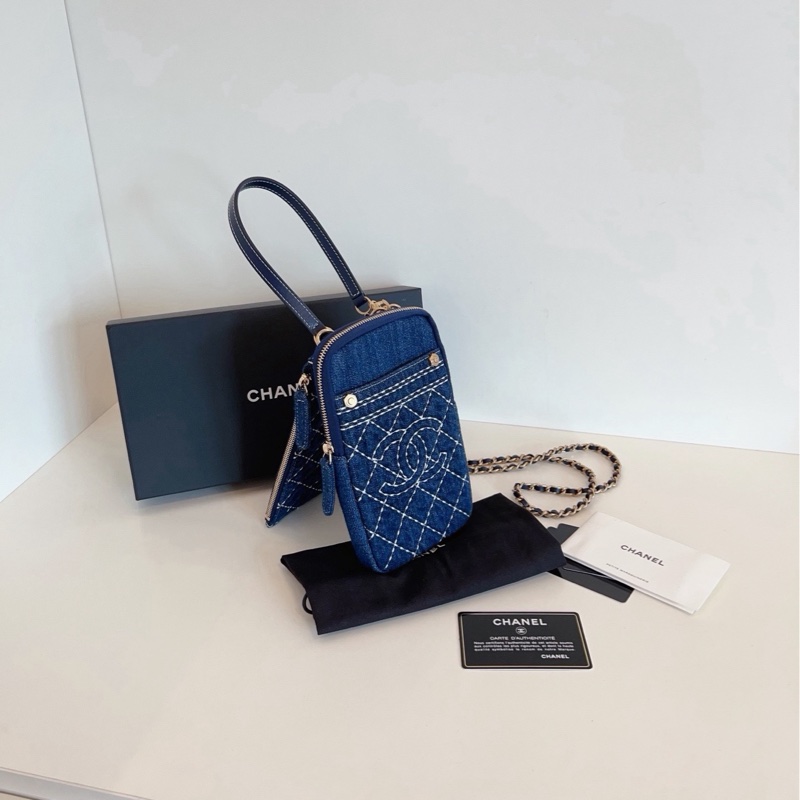 【閒置🆕】Chanel 牛仔丹寧外縫線雙子星 竪版手機鏈條包-3