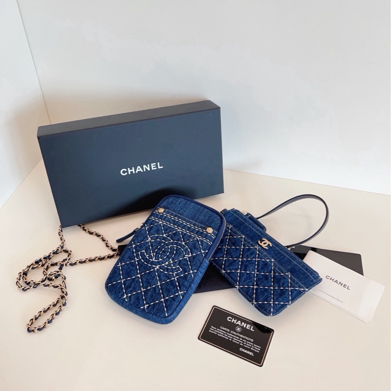【閒置🆕】Chanel 牛仔丹寧外縫線雙子星 竪版手機鏈條包-4