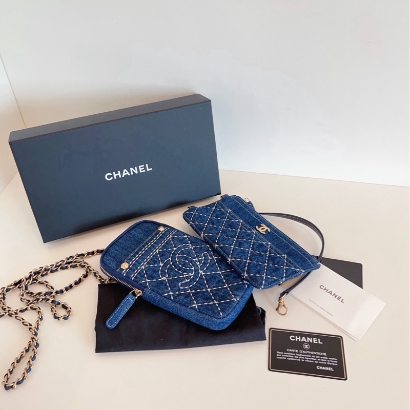 【閒置🆕】Chanel 牛仔丹寧外縫線雙子星 竪版手機鏈條包-6
