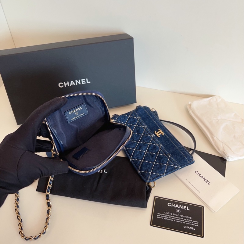 【閒置🆕】Chanel 牛仔丹寧外縫線雙子星 竪版手機鏈條包-7