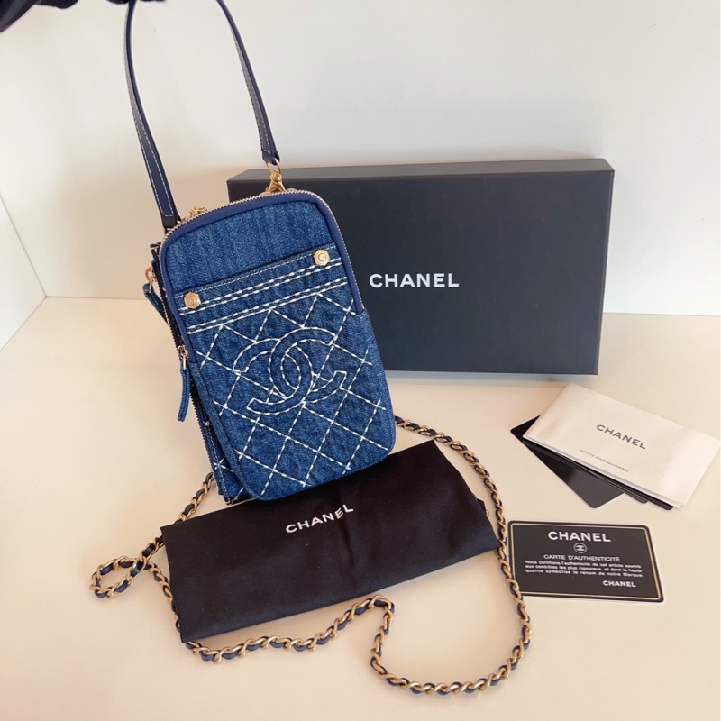 【閒置🆕】Chanel 牛仔丹寧外縫線雙子星 竪版手機鏈條包-8