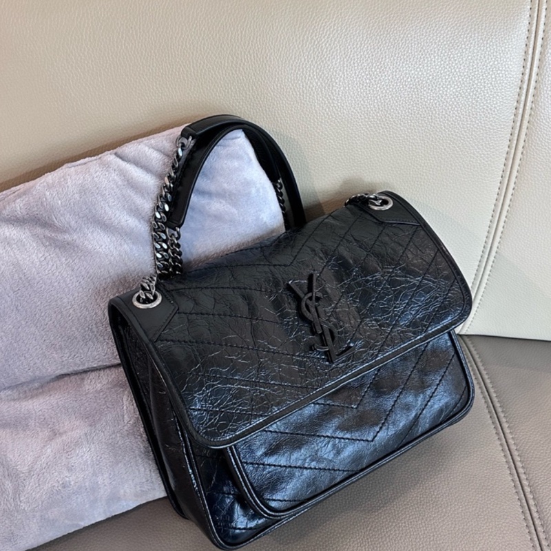 【全🆕】SAINT LAURENT YSL Niki 黑鏈黑標Logo復古褶皺 牛皮革 流浪包斜挎單肩包 中號-0