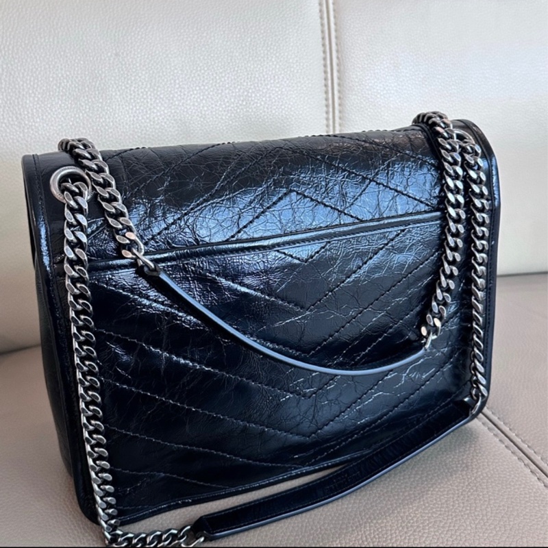 【全🆕】SAINT LAURENT YSL Niki 黑鏈黑標Logo復古褶皺 牛皮革 流浪包斜挎單肩包 中號-1