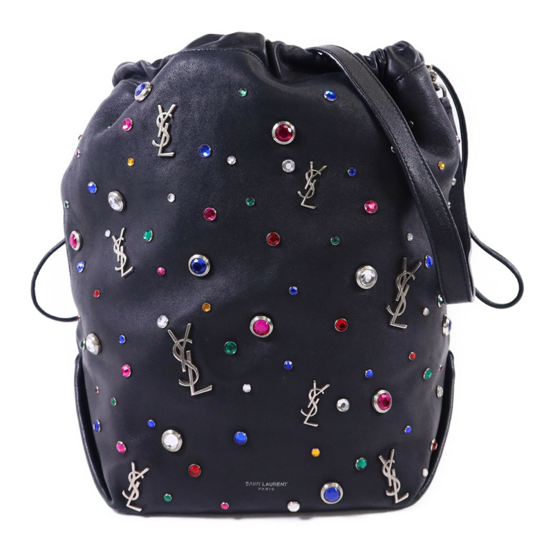 SAINT LAURENT 羊皮皮革Gem Stud Embellished Teddy銀扣鏈帶肩背袋-0