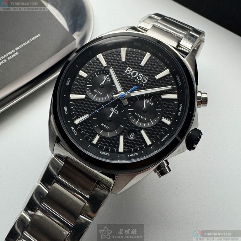 BOSS手錶,編號HB1513857,46mm銀圓形精鋼錶殼,黑色三眼, 中三針顯示, 運動錶面,銀色精鋼錶帶款-0
