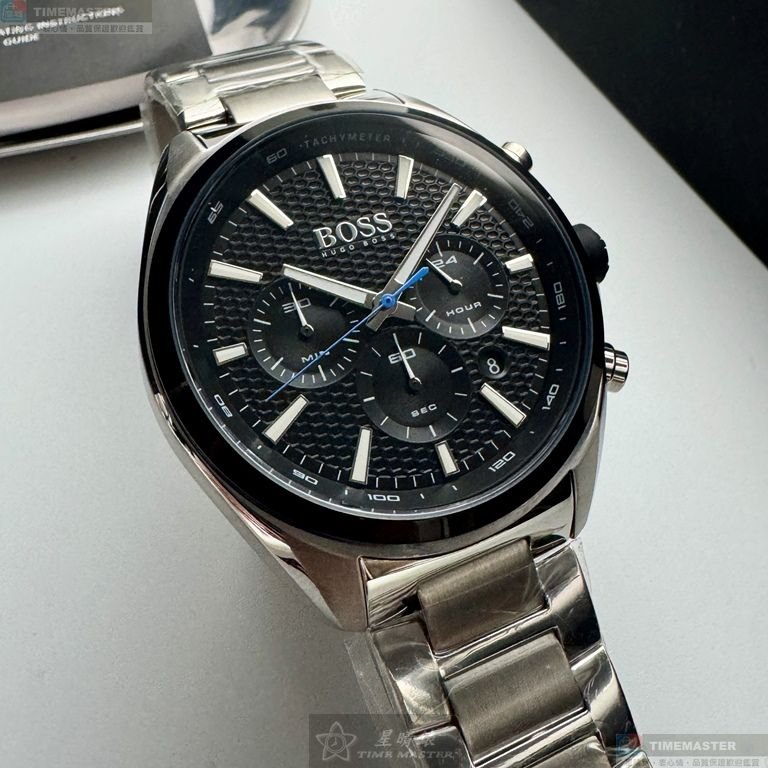 BOSS手錶,編號HB1513857,46mm銀圓形精鋼錶殼,黑色三眼, 中三針顯示, 運動錶面,銀色精鋼錶帶款-1