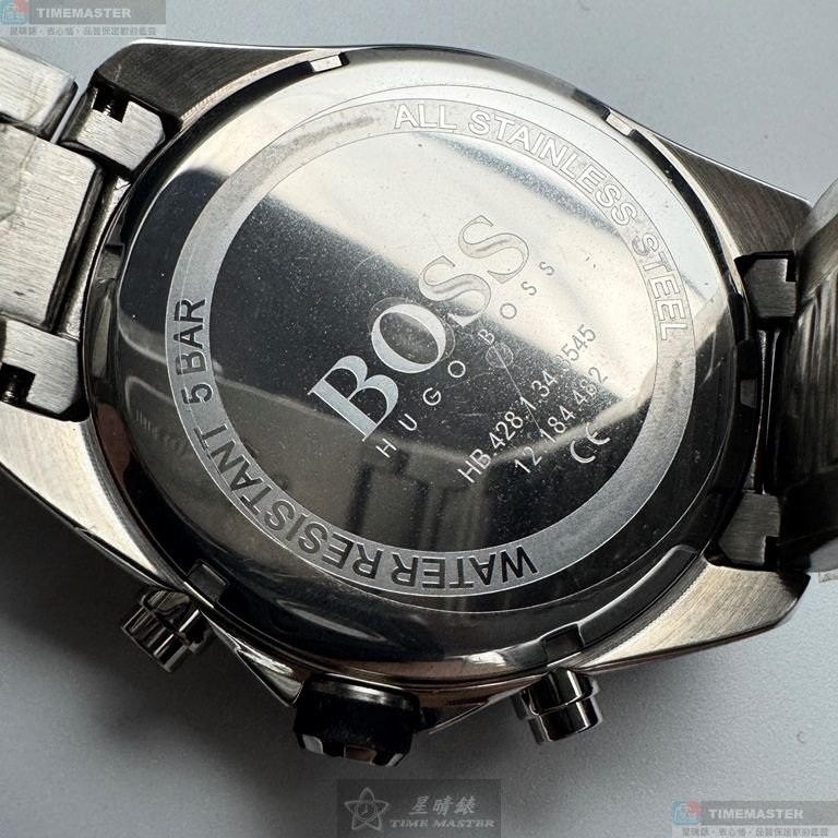 BOSS手錶,編號HB1513857,46mm銀圓形精鋼錶殼,黑色三眼, 中三針顯示, 運動錶面,銀色精鋼錶帶款-4