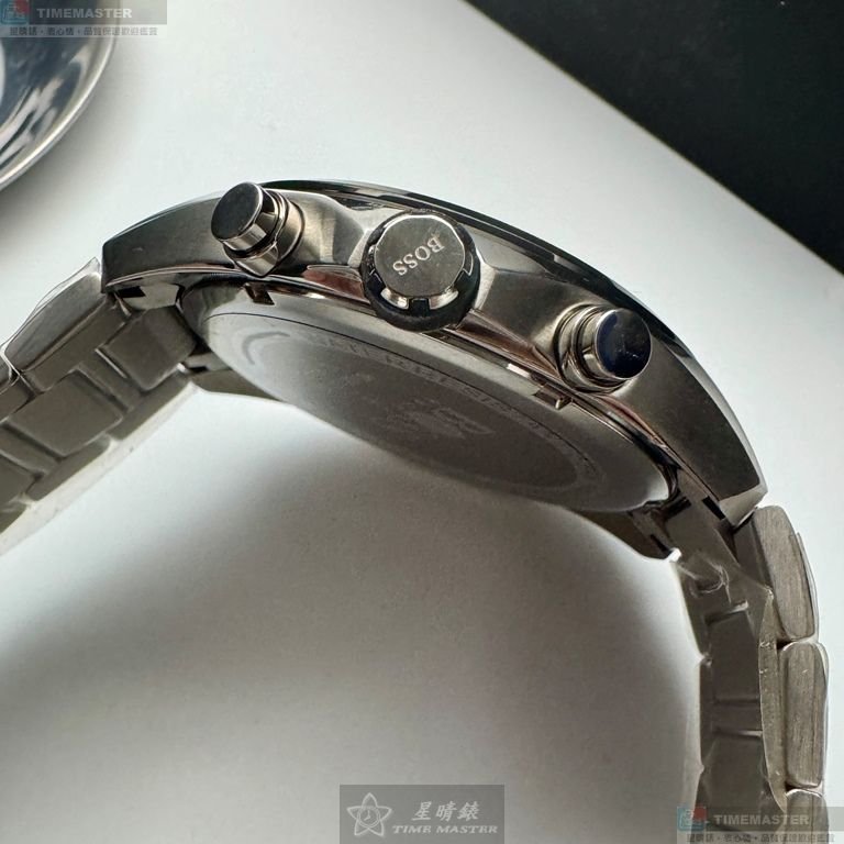 BOSS手錶,編號HB1513857,46mm銀圓形精鋼錶殼,黑色三眼, 中三針顯示, 運動錶面,銀色精鋼錶帶款-5
