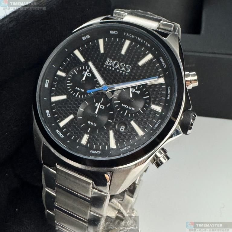 BOSS手錶,編號HB1513857,46mm銀圓形精鋼錶殼,黑色三眼, 中三針顯示, 運動錶面,銀色精鋼錶帶款-8