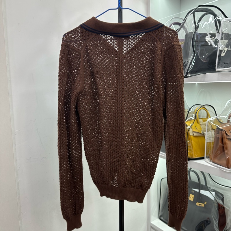 Miumiu 繆繆25ss可可棕色翻領絲鏤空開襟衫 38碼-1