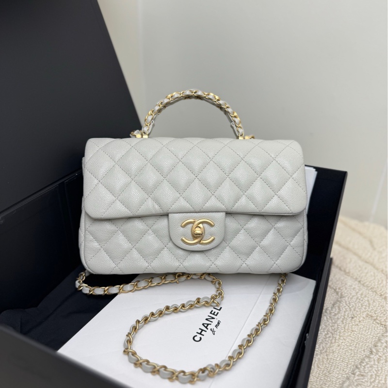 【閒置❤️全套帶票】Chanel 25B淺灰色金扣荔枝牛皮手柄CF大mini手提包 可單肩可斜挎-1