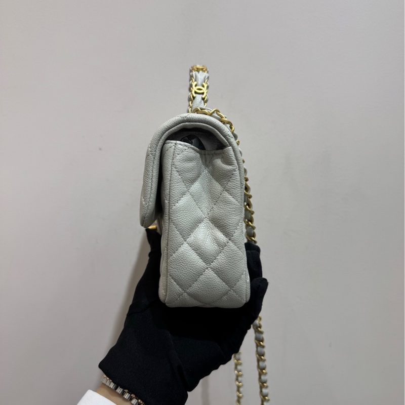 【閒置❤️全套帶票】Chanel 25B淺灰色金扣荔枝牛皮手柄CF大mini手提包 可單肩可斜挎-5