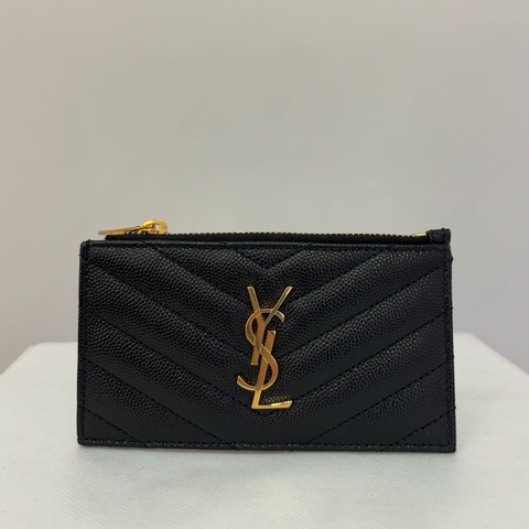YSL品牌金字Logo粒紋牛皮拉鏈卡片/零錢包