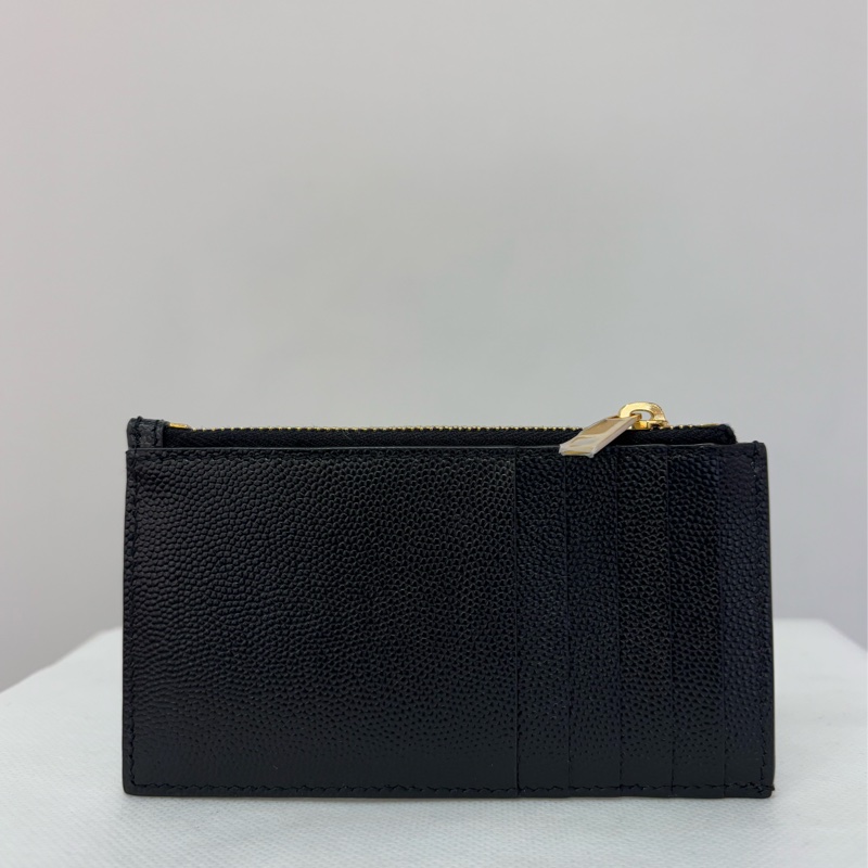 YSL品牌金字Logo粒紋牛皮拉鏈卡片/零錢包-1