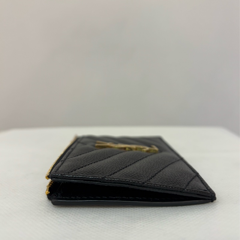 YSL品牌金字Logo粒紋牛皮拉鏈卡片/零錢包-4