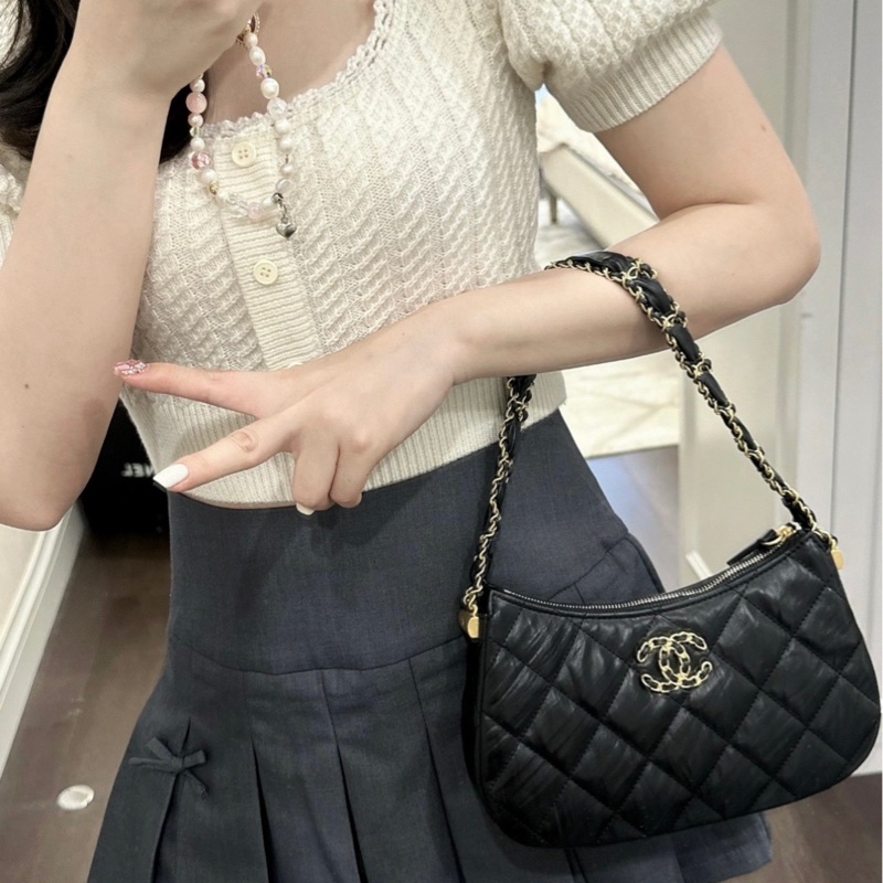 【配件：防塵袋 99新💕】Chanel 23K hobo 大號 19bag系列 寬鏈條黑金 黑色 金扣 牛皮 手提 單肩 腋下-1