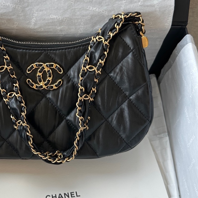 【配件：防塵袋 99新💕】Chanel 23K hobo 大號 19bag系列 寬鏈條黑金 黑色 金扣 牛皮 手提 單肩 腋下-2