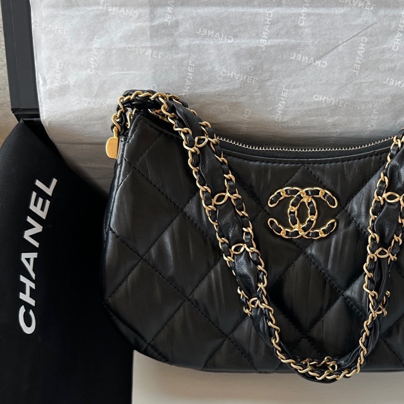 【配件：防塵袋 99新💕】Chanel 23K hobo 大號 19bag系列 寬鏈條黑金 黑色 金扣 牛皮 手提 單肩 腋下-3