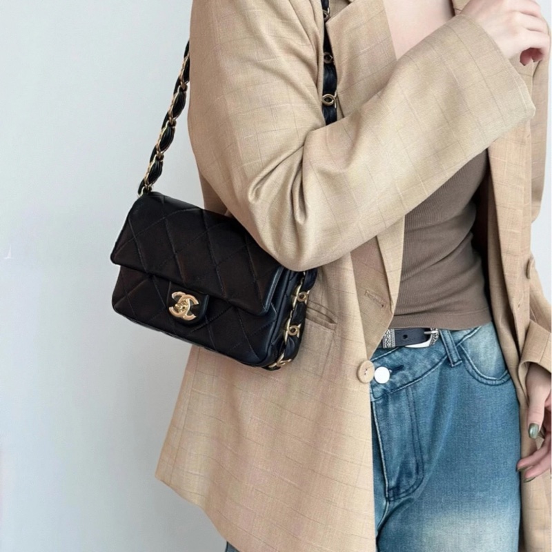 【配件：防塵袋 99新💕】Chanel 24K cf 小號 hobo 黑金 黑色 金扣 雙c寬肩帶 羊皮 手提 單肩 腋下-1