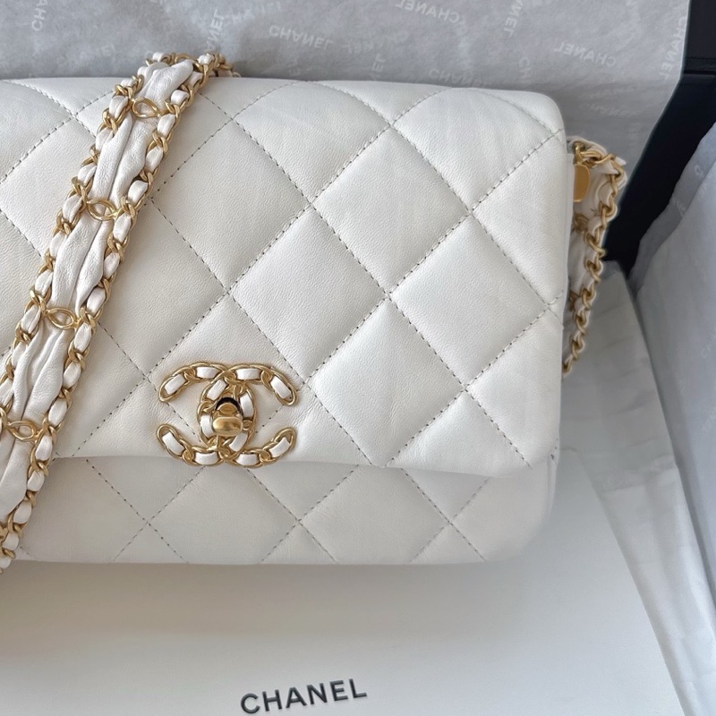 〔配件:防塵袋 99新💕】Chanel 23k hobo 19bag系列 寬鏈條豆腐包 白金 白色 金扣 褶皺牛皮 單肩 斜挎-3