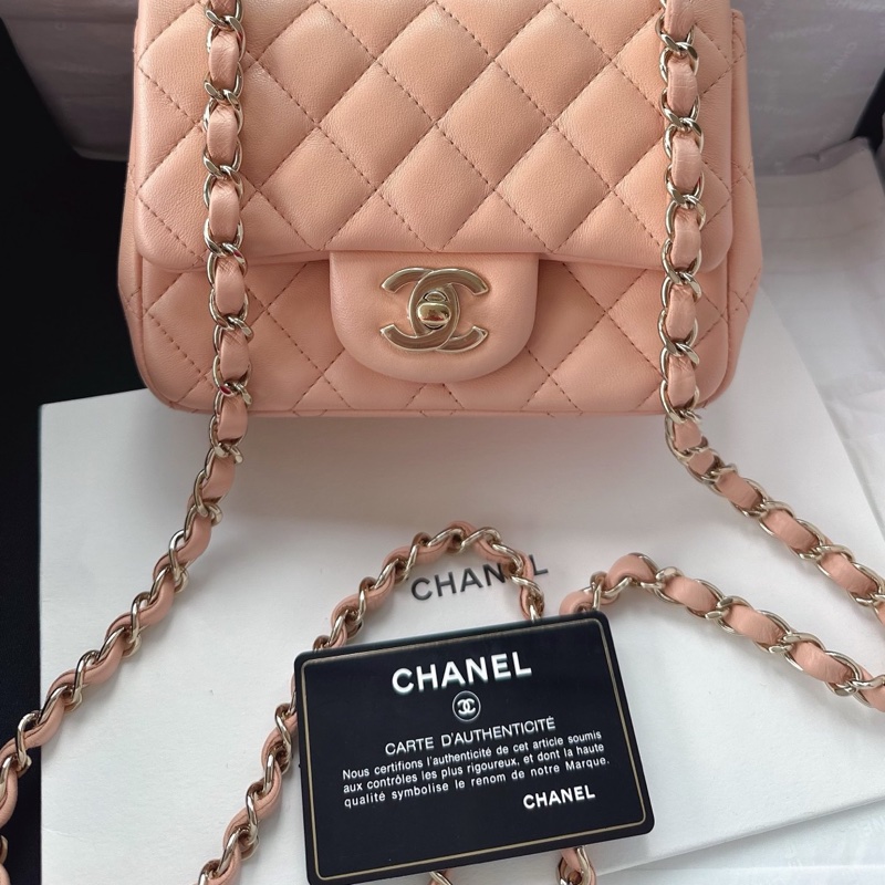 【配件：盒子、防塵袋、保卡、說明書 99新💕】Chanel 21P cf 方胖子 粉色 裸粉色 淺粉色 金扣 羊皮 手提 單肩 斜挎-2