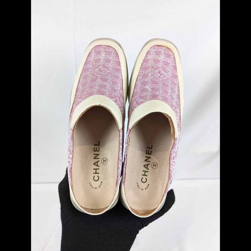 莉亞精品♡CHANEL 粉格紋穆勒鞋 尺碼36 二手美品-1