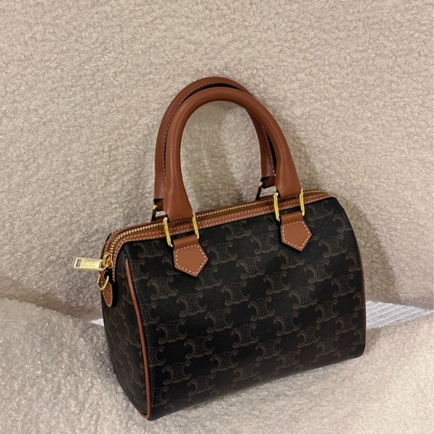 【全🆕】Celine Boston small Triomphe 經典凱旋門老花滿印帆布拼牛皮革 波士頓包單肩斜挎手提包 小號 棕褐色 113772CAS.04LU