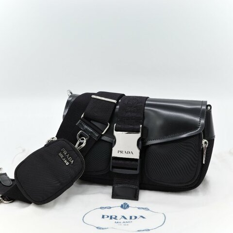 Prada 普拉達 黑色牛皮 黑色尼龍 降落傘 三合一 郵差包 斜挎包 單肩包（肩帶小包可以拆卸 ）