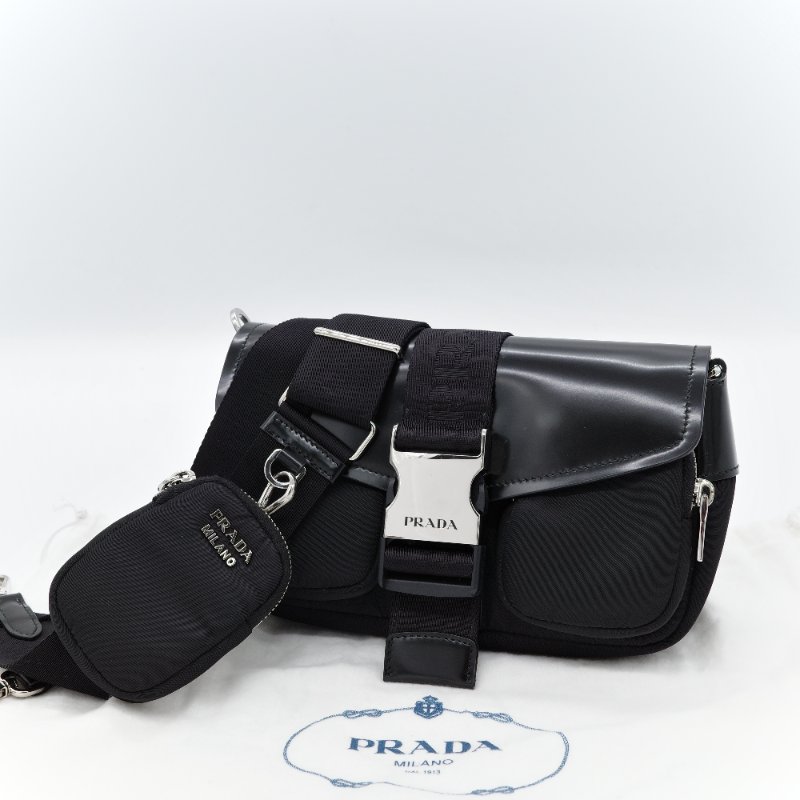 Prada 普拉達 黑色牛皮 黑色尼龍 降落傘 三合一 郵差包 斜挎包 單肩包(肩帶小包可以拆卸 )-0