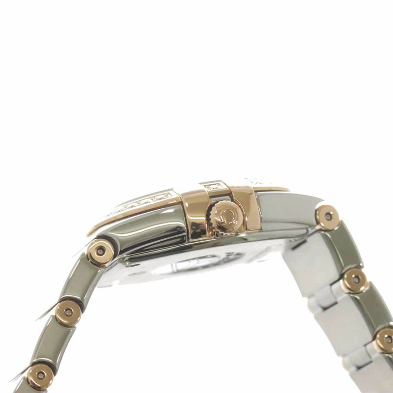 歐米茄星座系列雙色腕錶 123 25 24 60 55 005 女士腕錶，鑲鑽錶圈，12 顆鑽石，白色錶殼，玫瑰金錶殼，石英機芯-5