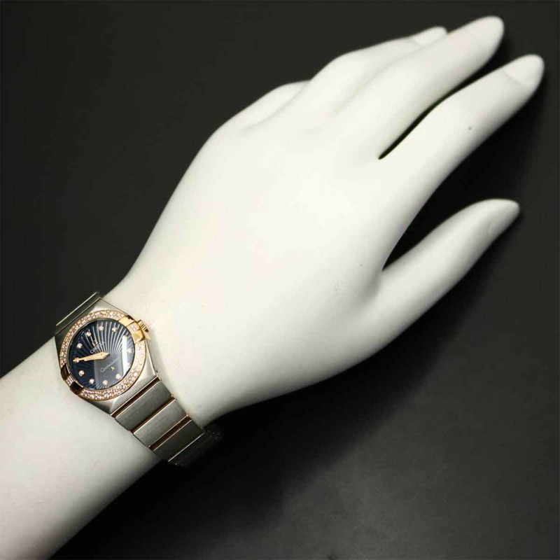 歐米茄星座系列雙色123 25 27 60 53 001鑽石錶圈女士腕錶，鑲嵌12顆鑽石，藍色18K鍍金石英機芯-2