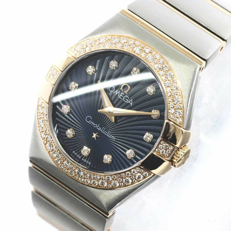 歐米茄星座系列雙色123 25 27 60 53 001鑽石錶圈女士腕錶，鑲嵌12顆鑽石，藍色18K鍍金石英機芯-6