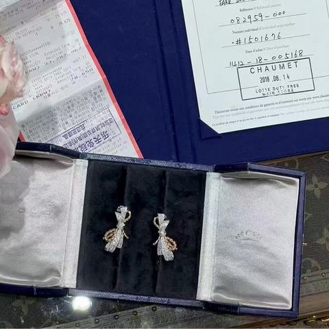 CHAUMET尚美 雙色金鑲鑽滿鑽蝴蝶結耳環，絕版，盒證齊全