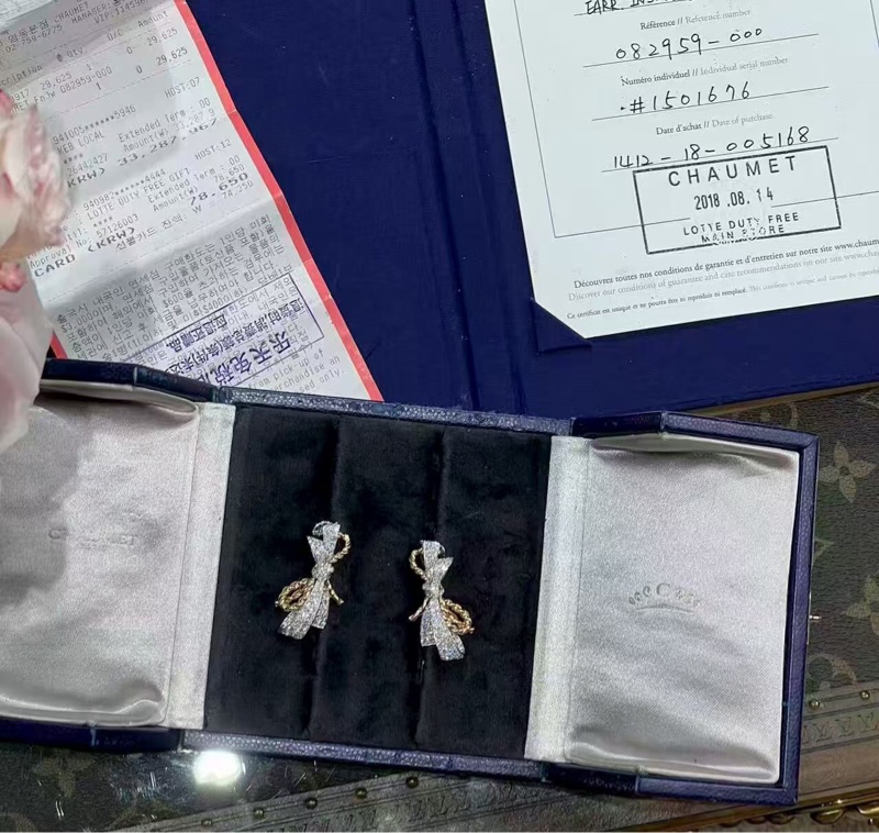 CHAUMET尚美 雙色金鑲鑽滿鑽蝴蝶結耳環,絕版,盒證齊全-0