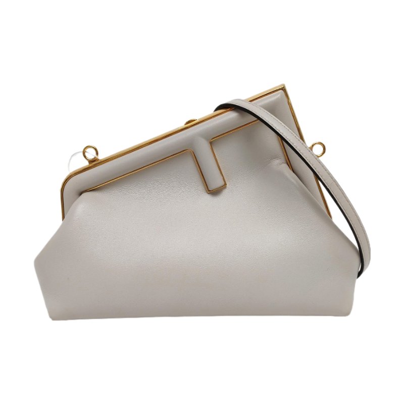 FENDI First 小號淺灰色羊皮斜挎包 金色五金 可拆卸肩帶 9.8新-0